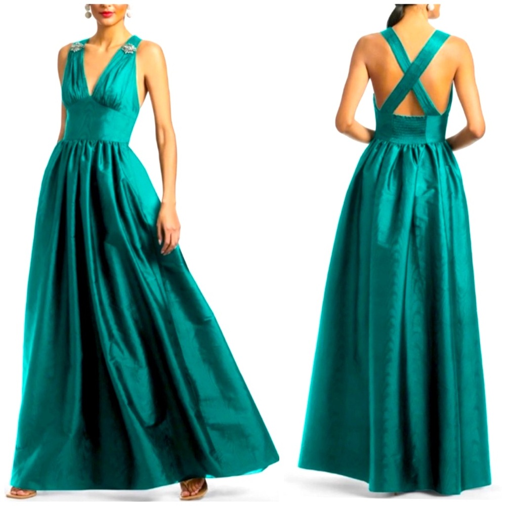 NWT Sachin & Babi Kenzia Maxi Gown Dress Green Dragonfly Taffeta Sz 8